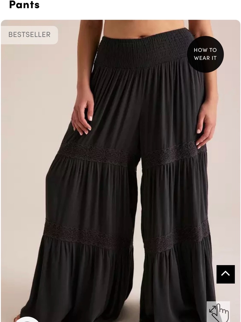 Smocked-Waist Wide-Leg Lace-Tier Pants — Black